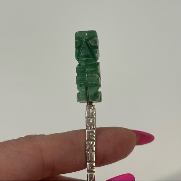 Jade and sterling silver vintage antique hors d'oeuvres made in Mexico fork - Picture 5 of 9